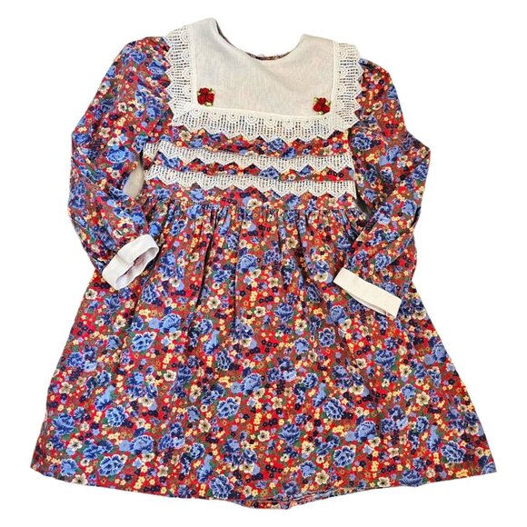 Vintage 90s Girls Size 6‎ Floral Bib Party Dress Red Blue Lace Longsleeve USA